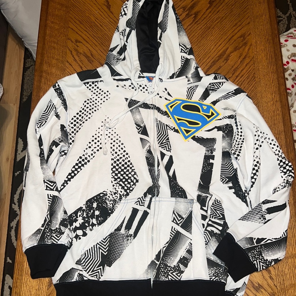 ✅ DC Comics Superman Full Zip Fleece Hoodie Unisex M Black & White Graphics